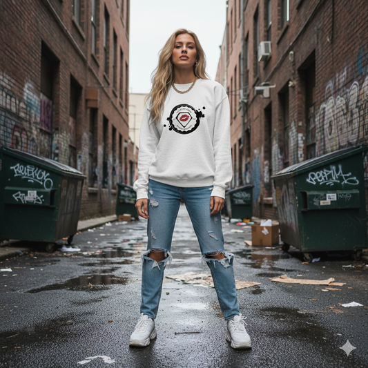 Woman wearing a white sweatshirt with a logo in an urban alleyway.