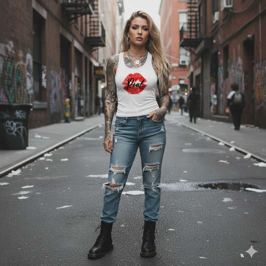 Woman with tattoos standing on a city street wearing a white tank top with a red lip graphic and text, blue jeans, and black boots.