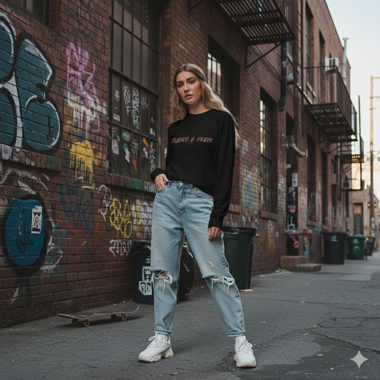 Woman in black sweatshirt and light blue jeans standing against a graffiti-covered brick wall.
