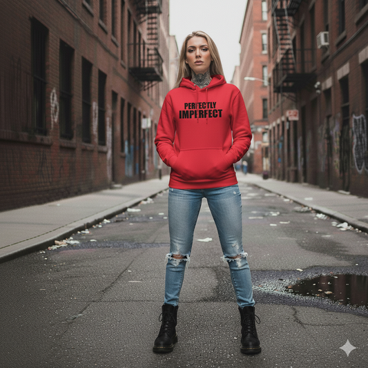 Woman wearing a red hoodie with 'PERFECTLY IMPERFECT' text on a city street.