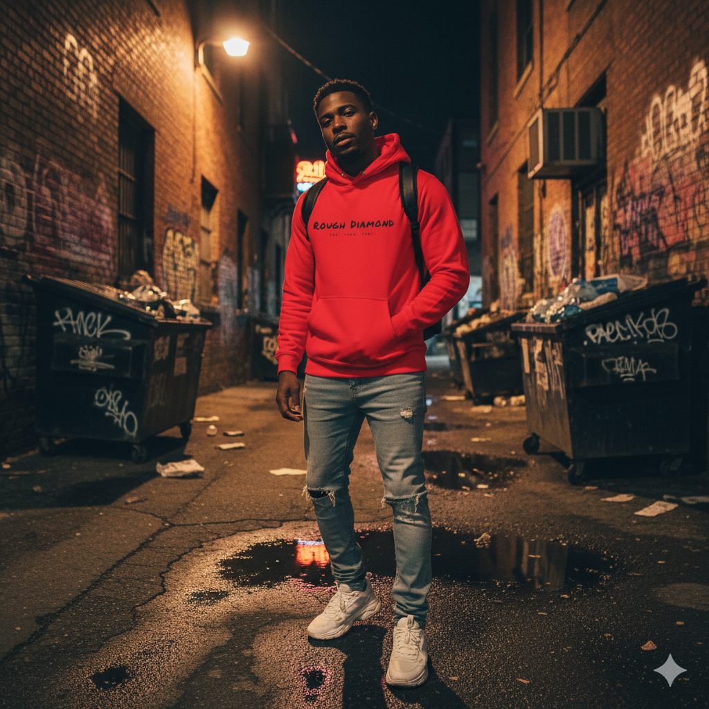 Person wearing a red hoodie in an alleyway with graffiti on walls and trash cans.
