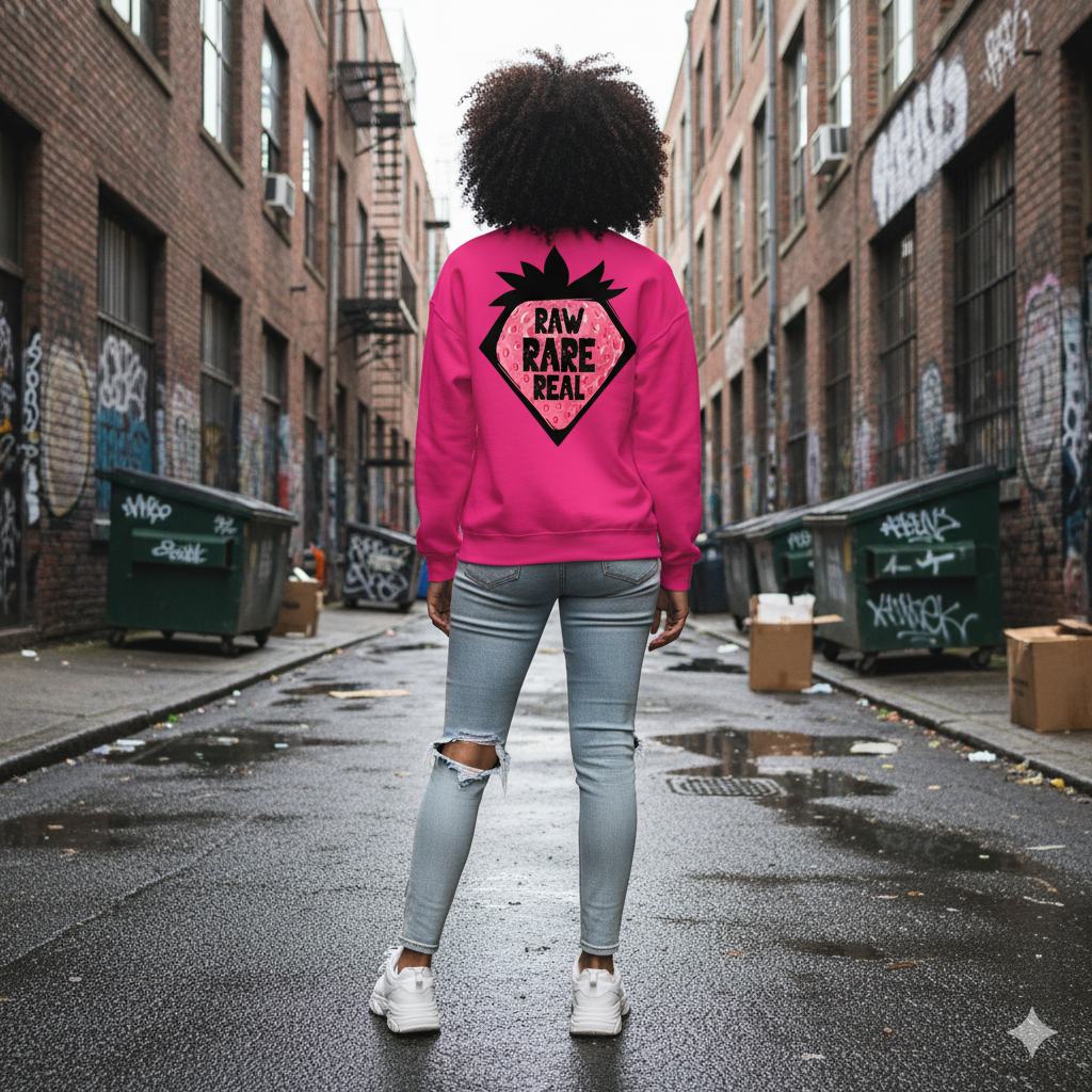 Person wearing a pink sweatshirt with a logo and text in an urban alleyway.