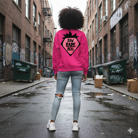 Person wearing a pink sweatshirt with a logo and text in an urban alleyway.