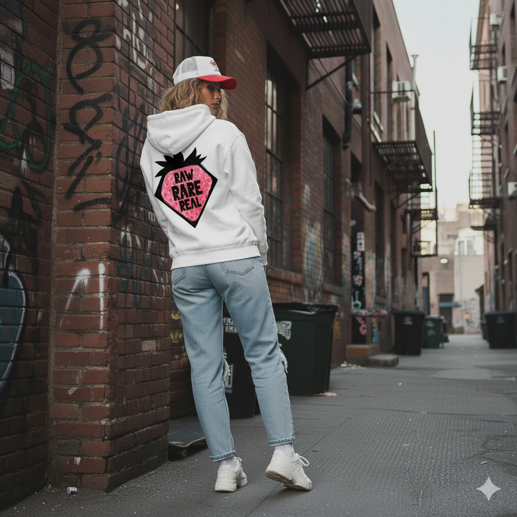 Person wearing a hoodie with a graphic design leaning against a brick wall in an urban setting.