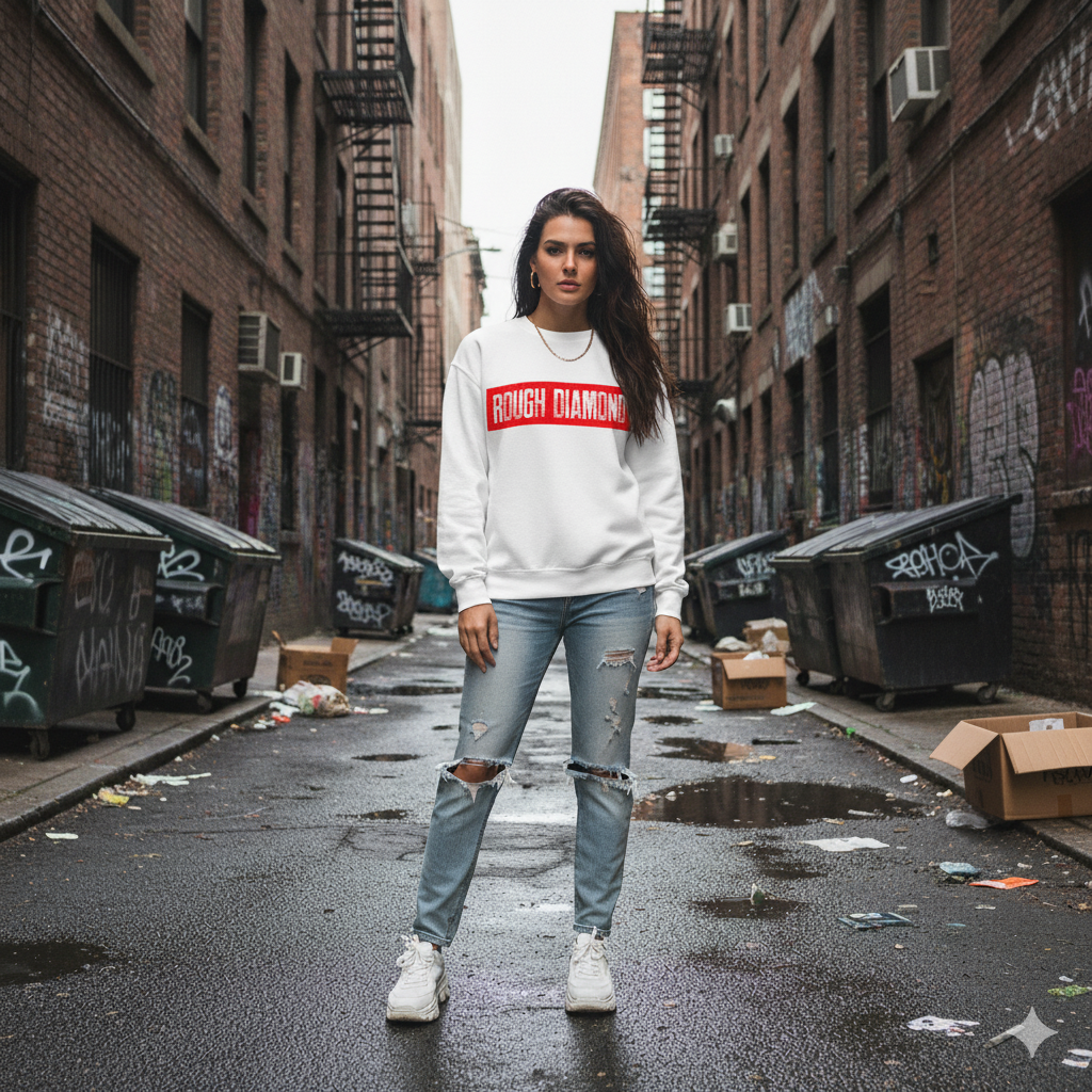 Person wearing a white sweatshirt with red logo in an urban alleyway.
