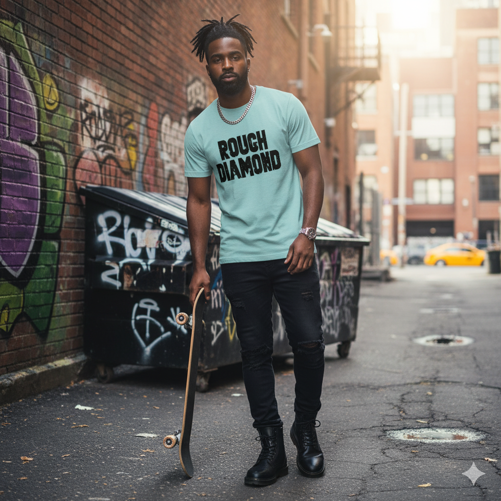 Man holding a skateboard in an urban setting with graffiti on the wall.