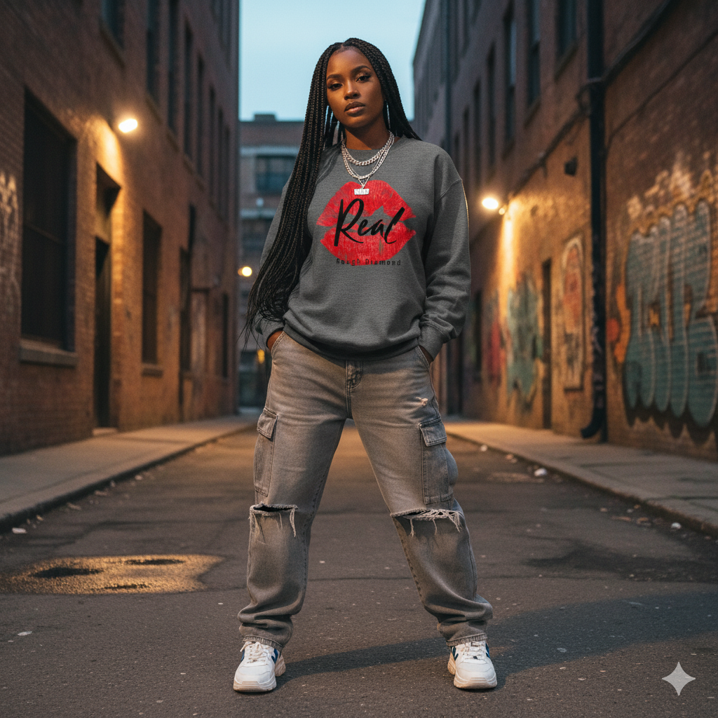 Person wearing a sweatshirt with 'Real' printed on it in an urban alleyway.