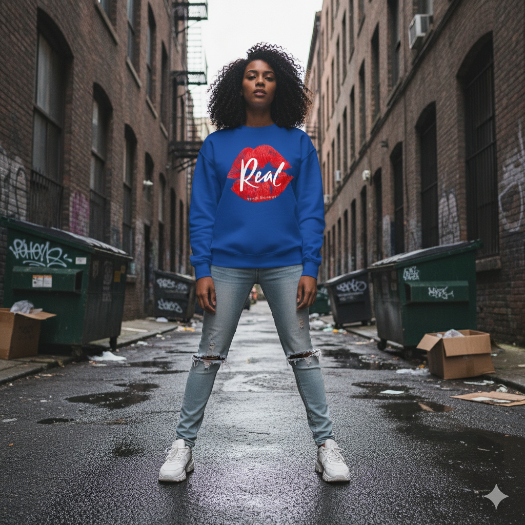 Person wearing a blue sweatshirt with a red and white graphic in an urban alleyway.