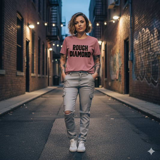 Woman wearing a pink 'Rough Diamond' t-shirt in an urban alleyway.