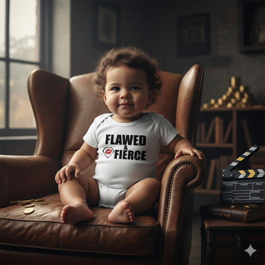 baby girl sitting in chair wearing white one piece flawed and fierce with rough diamond logo