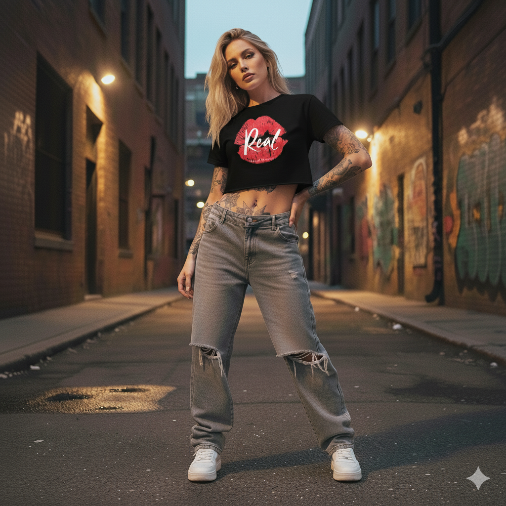 Woman standing in an urban alleyway wearing a black t-shirt with a red lip print and ripped jeans.