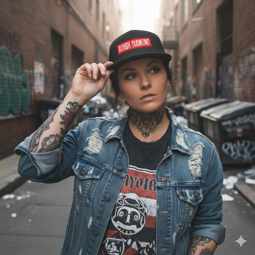 Person wearing a denim jacket and cap with tattoos, standing in an urban alleyway.