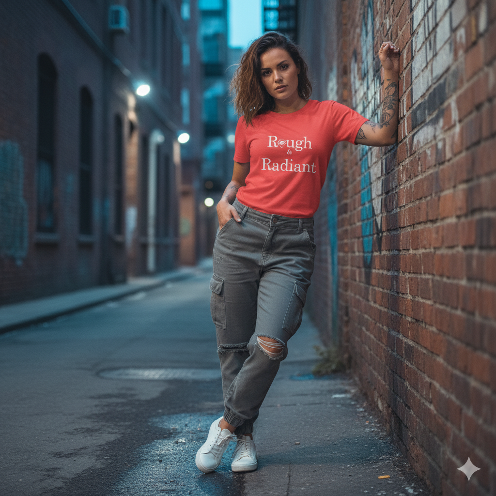 Woman in a red t-shirt and gray pants leaning against a brick wall in an alley.