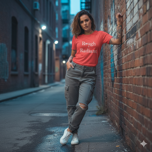 Woman in a red t-shirt and gray pants leaning against a brick wall in an alley.