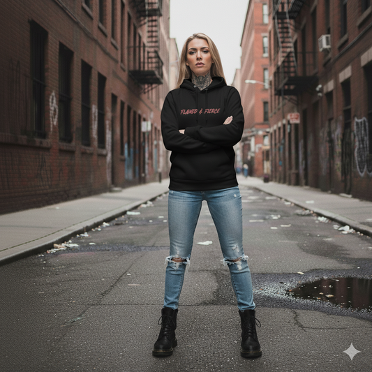 Person wearing a black hoodie with text, blue jeans, and black boots standing on a city street.