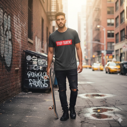 Man holding a skateboard in an urban alleyway with graffiti on the wall.