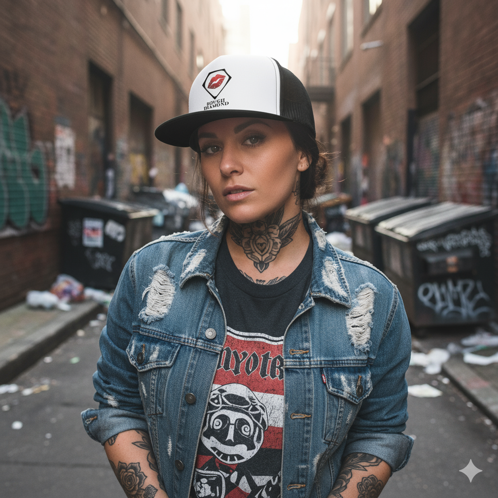 Person wearing a denim jacket and cap in an urban alleyway with graffiti.