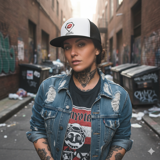 Person wearing a denim jacket and cap in an urban alleyway with graffiti.
