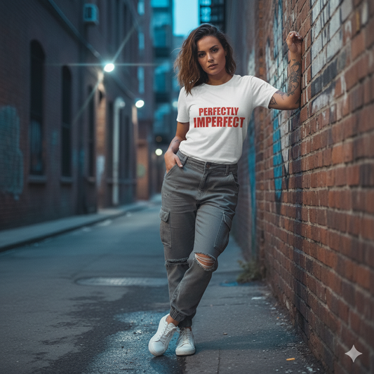 Woman wearing a 'Perfectly Imperfect' t-shirt in an urban alleyway.