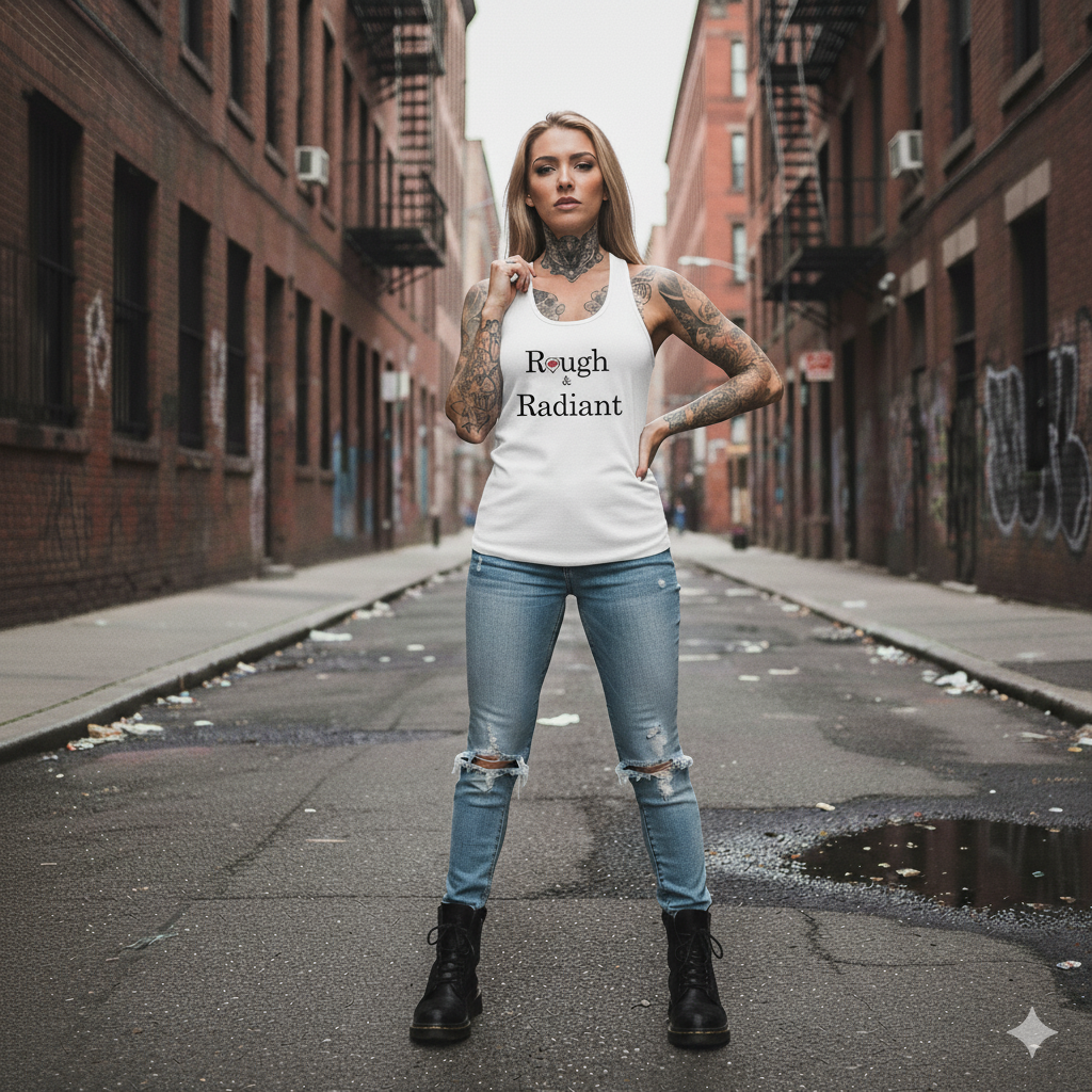 Woman wearing a white tank top with text on a city street