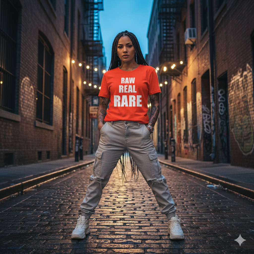 Person wearing a red shirt with text standing on a street at night.
