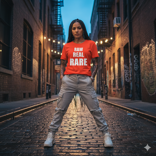 Person wearing a red shirt with text standing on a street at night.