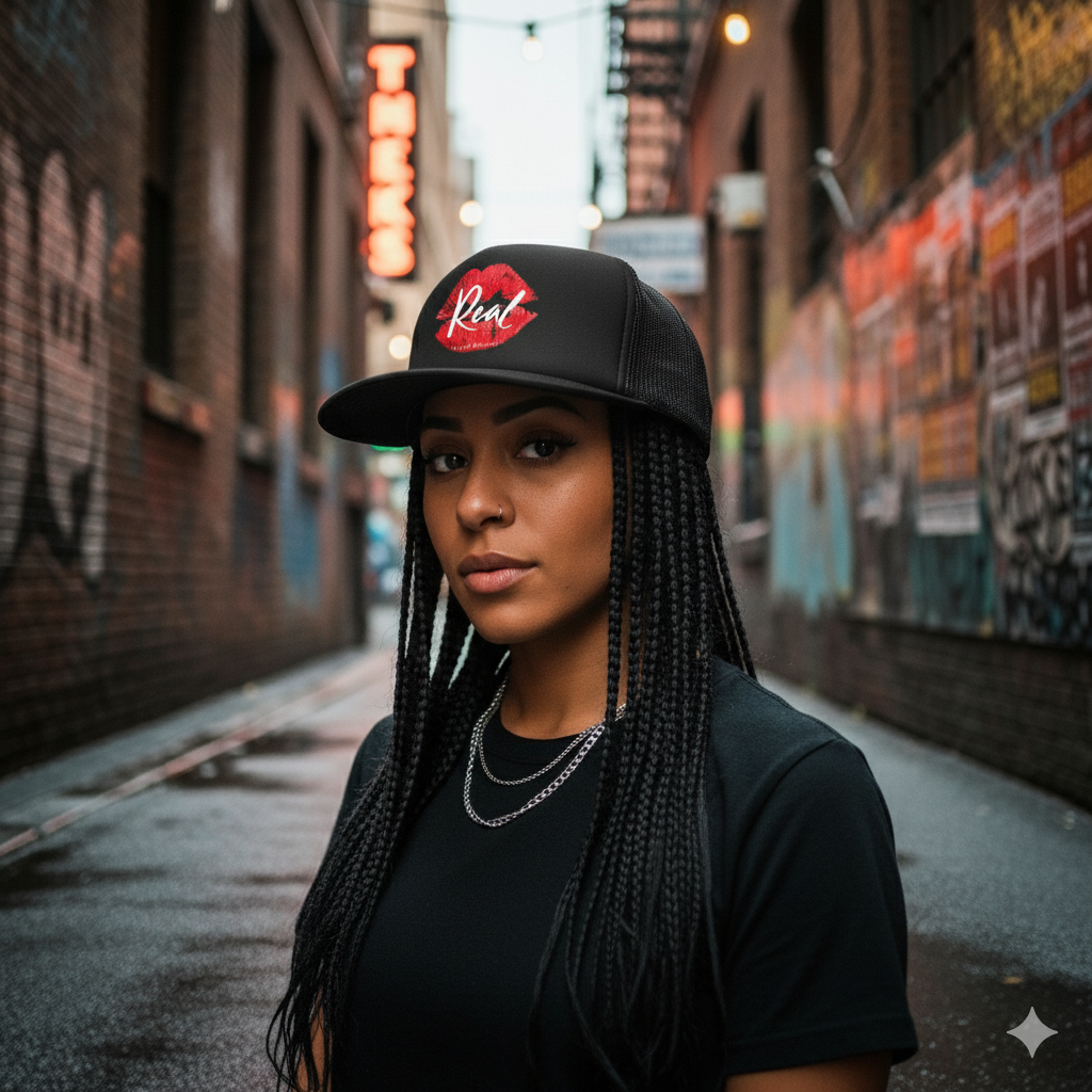 Woman wearing a black cap with red logo in an urban alleyway