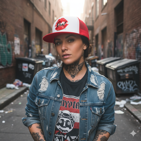 Person wearing a red and white cap with a logo, denim jacket, and graphic t-shirt in an urban alleyway.