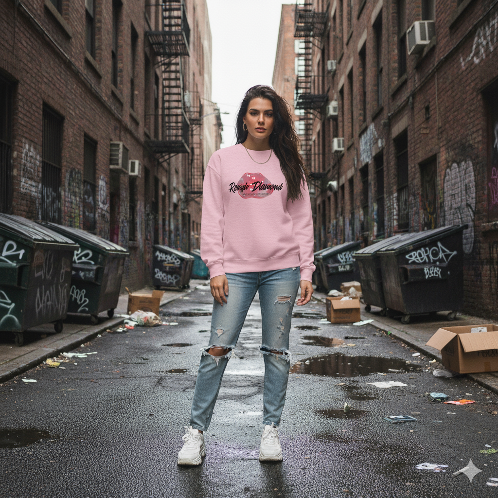 woman in alley wearing rough diamond crewneck sweatshirt with red lip graphic streetwear style