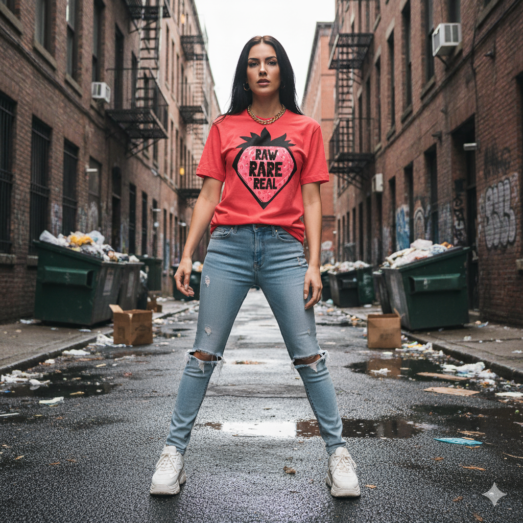 Woman wearing a red t-shirt and blue jeans standing in an urban alleyway.
