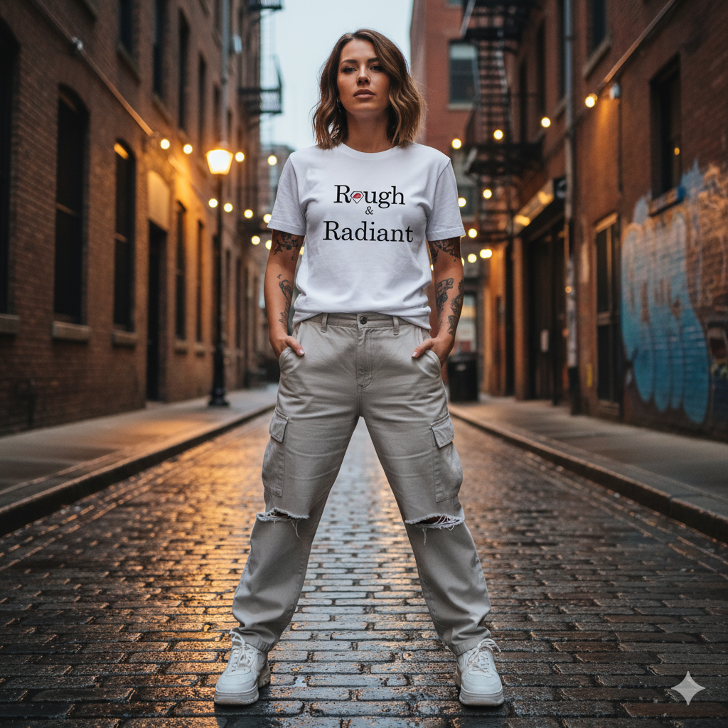Person wearing a 'Rough & Radiant' t-shirt on a brick alleyway.
