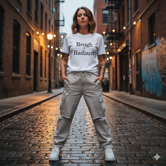 Person wearing a 'Rough & Radiant' t-shirt on a brick alleyway.