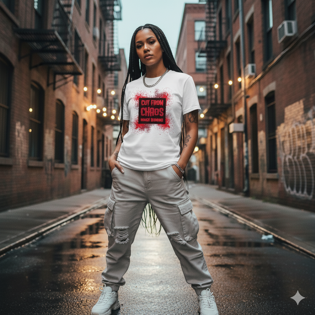 Person wearing a white t-shirt with red text on a city street.