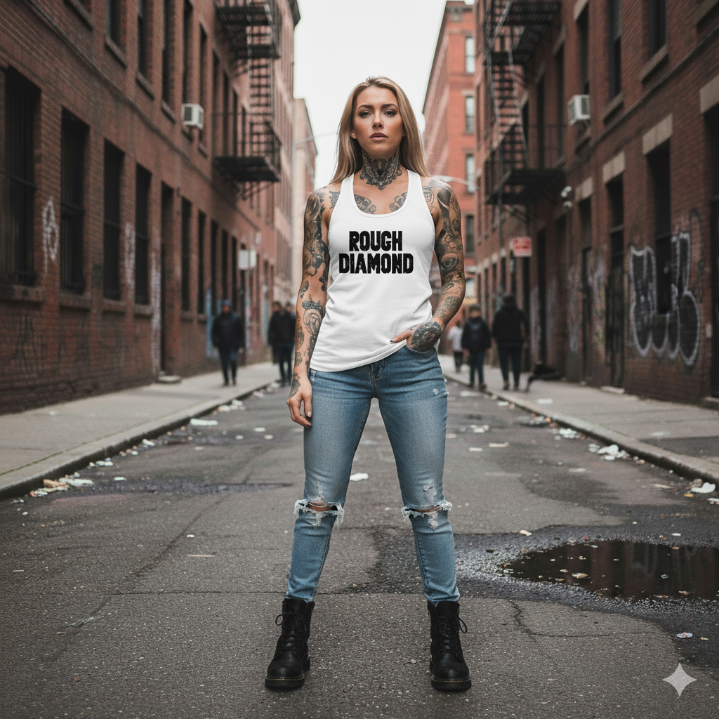 Woman wearing a 'Rough Diamond' tank top in an urban alleyway.