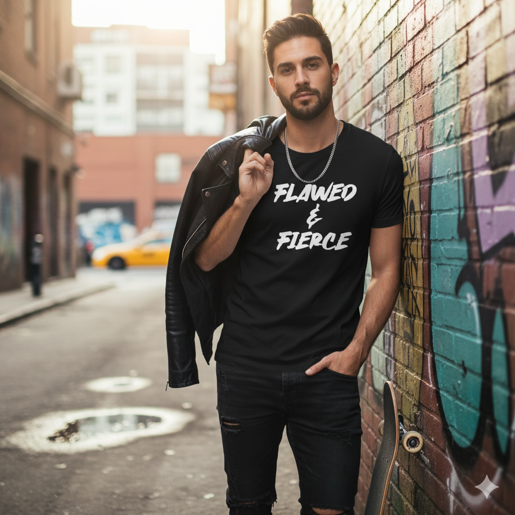 Man wearing a black t-shirt with 'FLAWED & FIERCE' text, leaning against a graffiti-covered wall.