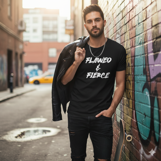Man wearing a black t-shirt with 'FLAWED & FIERCE' text, leaning against a graffiti-covered wall.