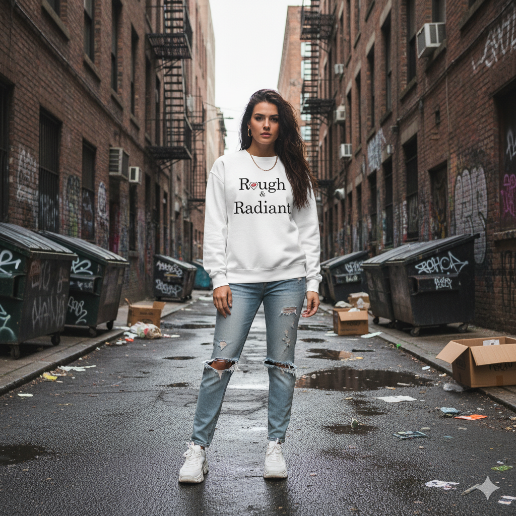 Person wearing a white sweatshirt with 'Rough & Radiant' text in an urban alleyway.