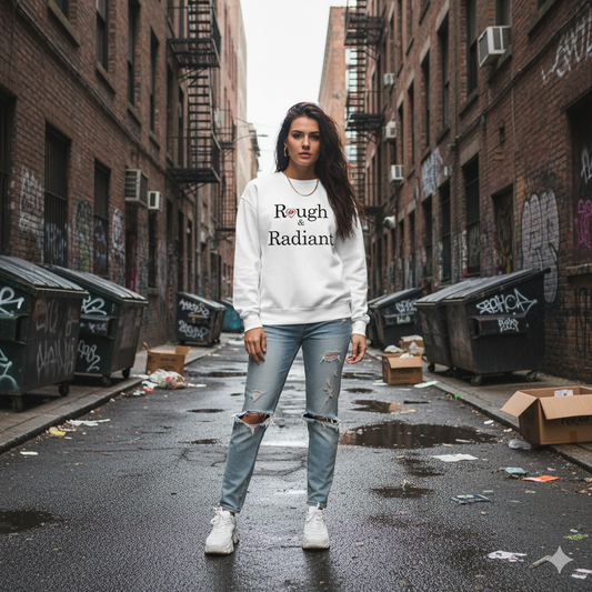 Person wearing a white sweatshirt with 'Rough & Radiant' text in an urban alleyway.