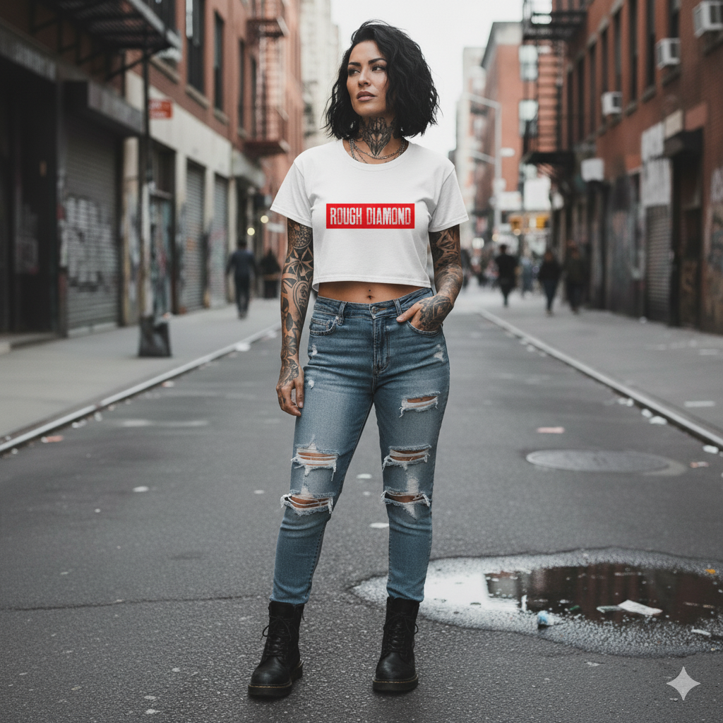 Woman wearing a white crop top with a red label and ripped jeans on an urban street.