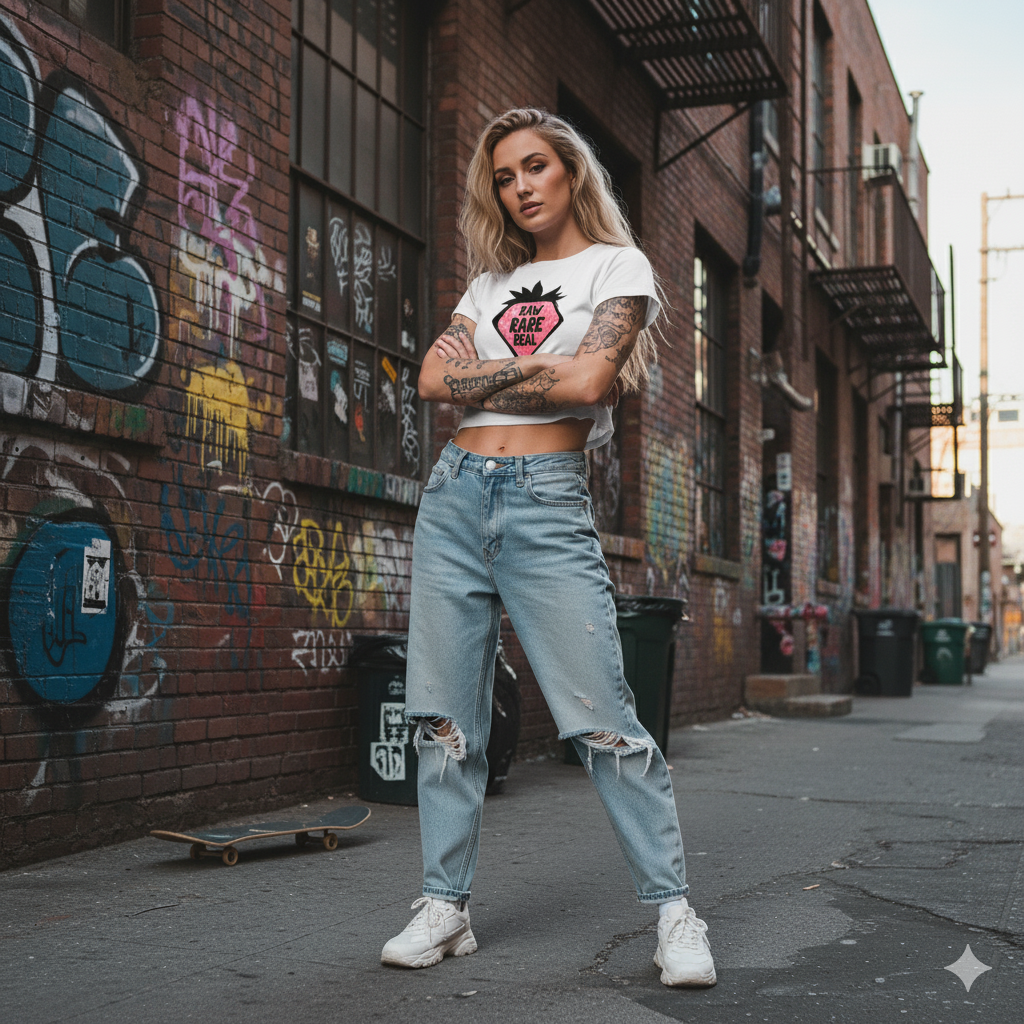 Woman standing in an urban alley with graffiti on the wall