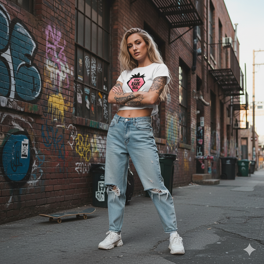 Woman standing in an urban alley with graffiti on the wall