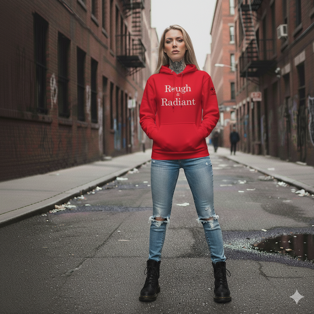Person wearing a red hoodie with text on a city street