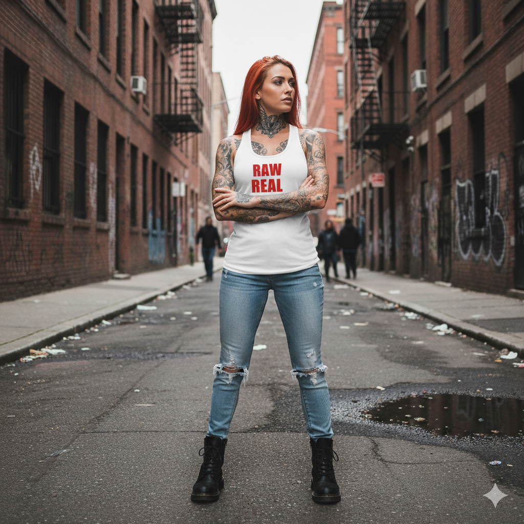 Person wearing a white tank top with 'RAW REAL' text in an urban alleyway.