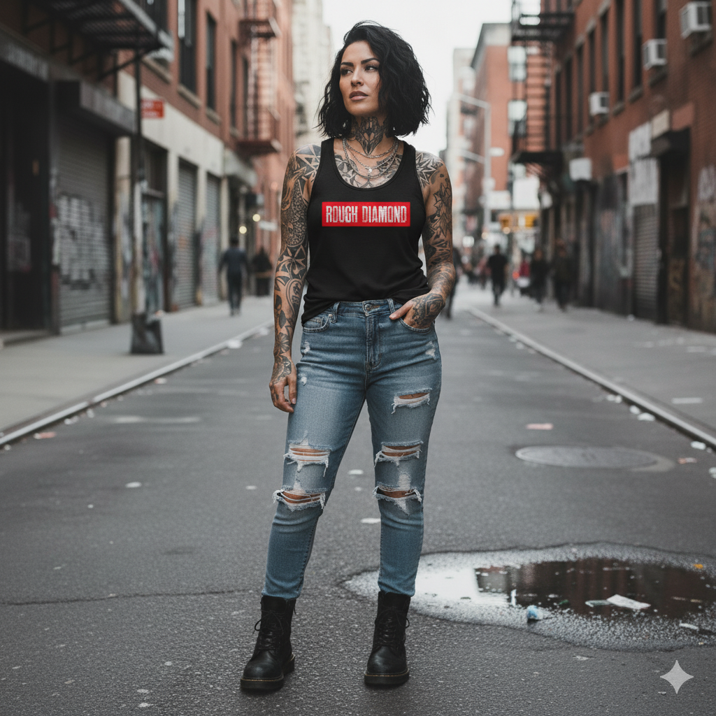 Woman with tattoos wearing a black tank top and ripped jeans standing on an urban street.