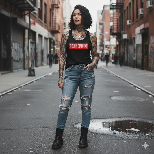 Woman with tattoos wearing a black tank top and ripped jeans standing on an urban street.