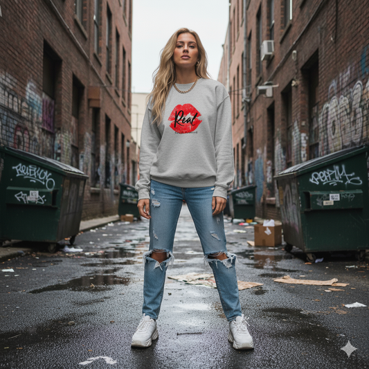 Woman standing in an urban alleyway wearing a sweatshirt with a graphic design.