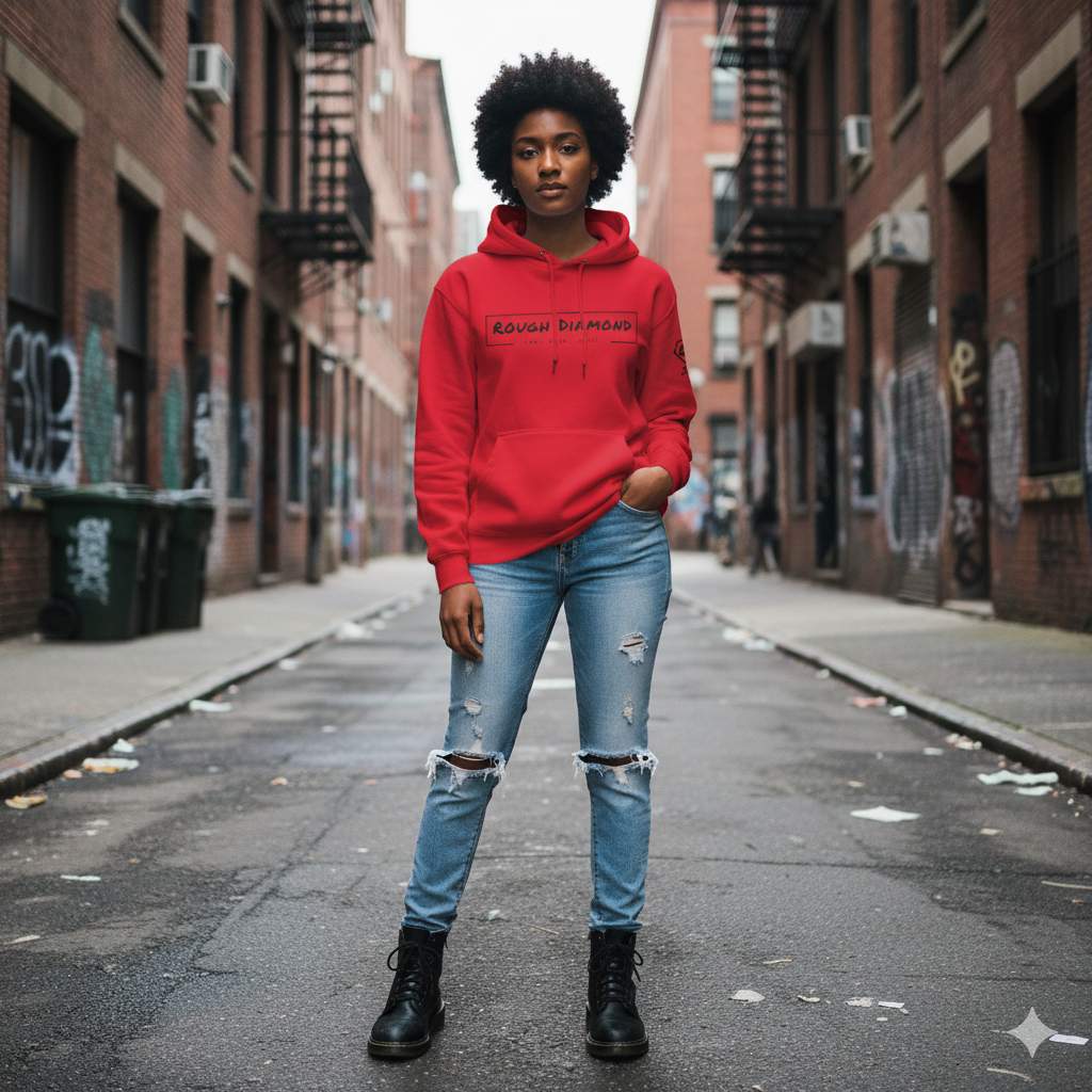 Person wearing a red hoodie and ripped jeans standing on a city street.