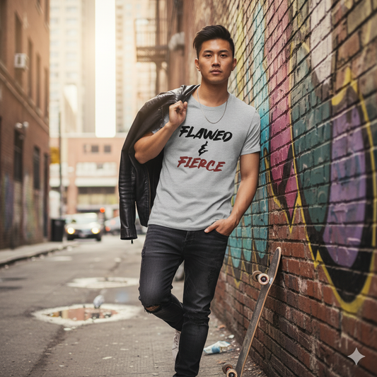 Man wearing a gray t-shirt with 'FLAWED & FIERCE' text, holding a black leather jacket, standing against a graffiti-covered wall.