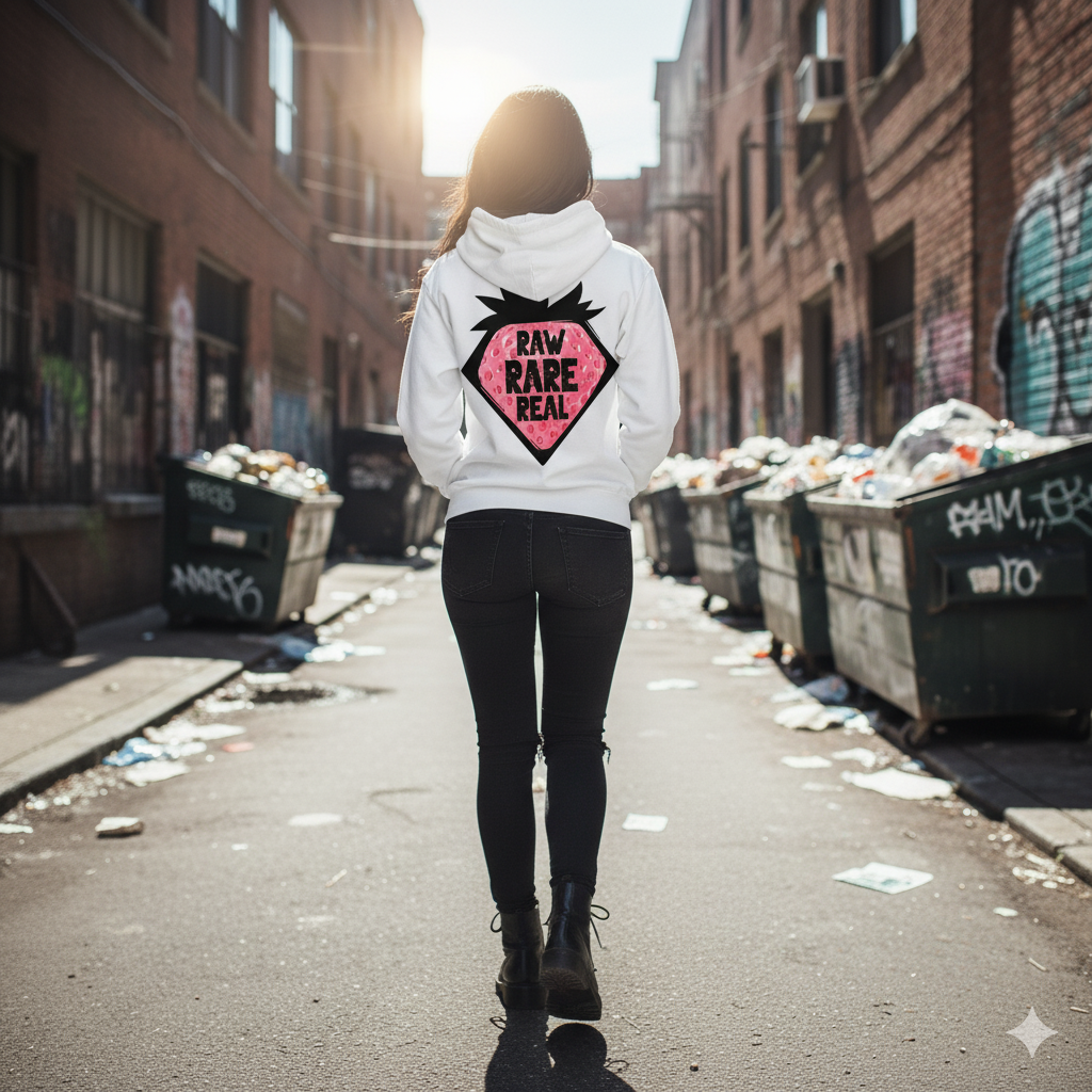woman in alley wearing white hoodie with strawberry raw rare real logo streetwear style