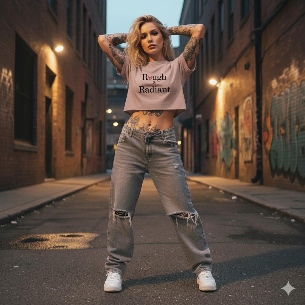 Woman standing in an alleyway wearing a 'Rough Radiant' t-shirt.
